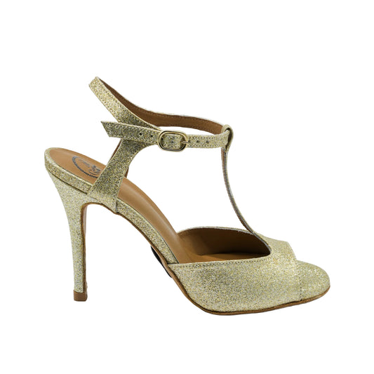 Πλάγια όψη χειροποίητου πέδιλου tango σε χρυσό glitter με τακούνι 9,5 εκ. και δερμάτινη σολα